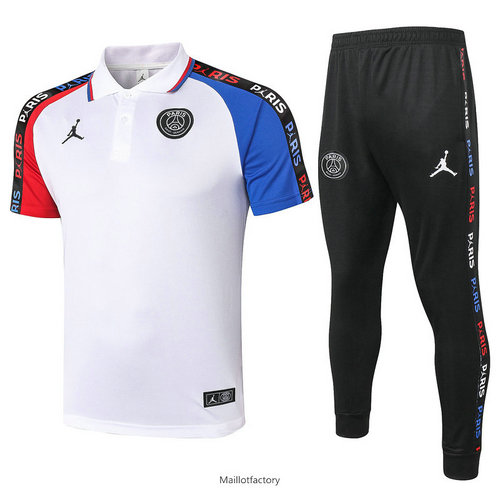 Soldes Kit d'entrainement Maillot PSG Jordan POLO 2020/21 Blanc manche Rouge/Bleu